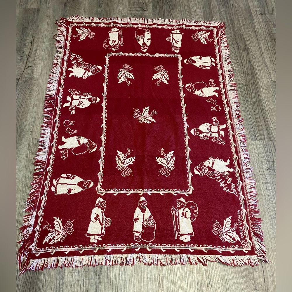 MWW 1989 Vintage Christmas Throw Blanket Tapestry Fring Poinsettia Red White